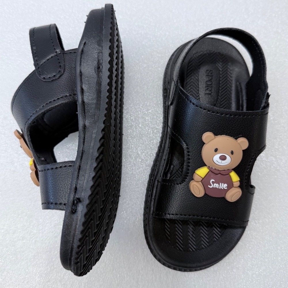 NIB Kids Black Teddy Bear Smile Sandals Hook Loop Closure Sz 7 Toddler - Picture 6 of 10